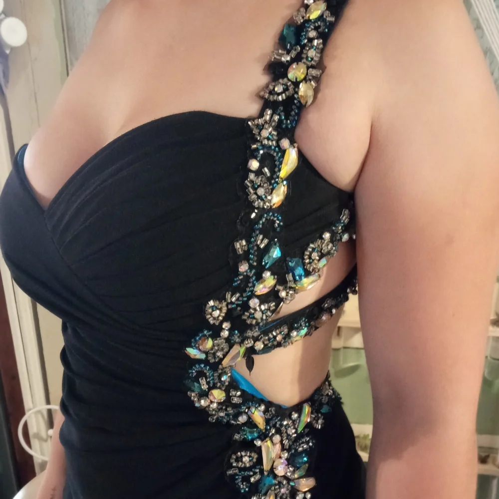 Women's Black & Royal Blue Beaded Jaoy Couture Floor Length Dress - Picture 6 of 16